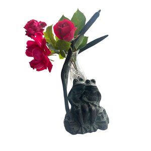 Wrought Iron Frog Tablescape Decor Glass Crystal Vase Vintage Green